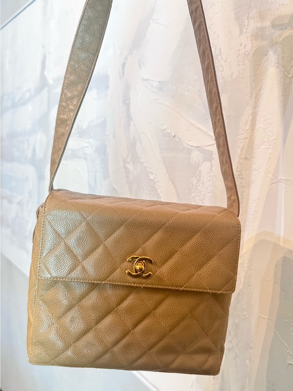 Rare Chanel sand beige caviar leather straight flap shoulder bag 24k gold - Picture 10 of 17